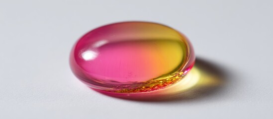 Translucent gem with pink and yellow gradient on a neutral surface