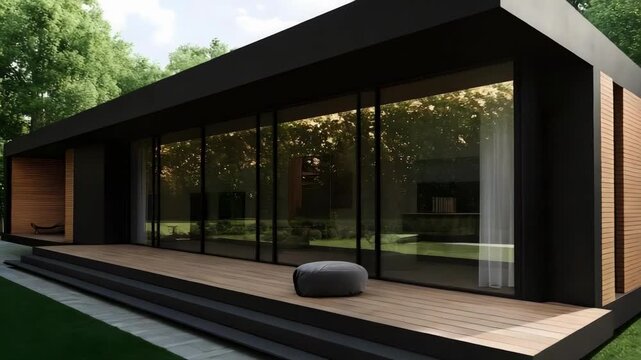 A modern, single-story black house with expansive glass walls, wooden slats, and a flat roof on a raised deck in a green yard.