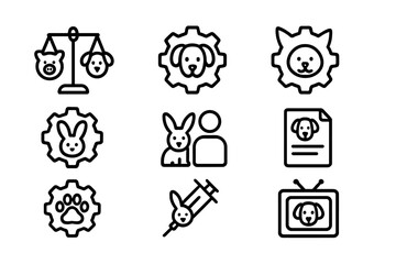 Pet care icons: animal welfare guide with veterinary symbols and adoption imagery