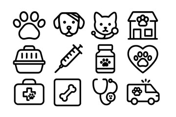 Pet care icons: veterinary essentials in minimalist black outline style