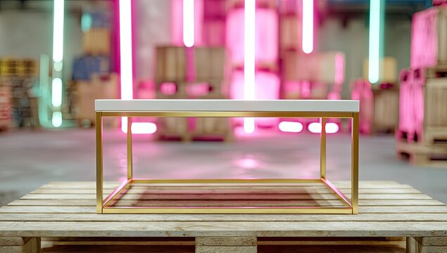 Empty white marble-topped gold-framed display table on wooden pallet in warehouse setting with vibrant neon lighting - Powered by Adobe