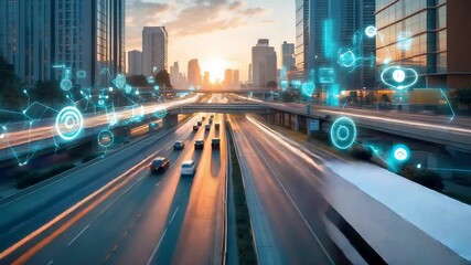 Smart transportation highway with glowing digital network connections over modern city skyline at sunrise showing advanced urban mobility - Powered by Adobe