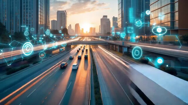 Smart transportation highway with glowing digital network connections over modern city skyline at sunrise showing advanced urban mobility - Powered by Adobe