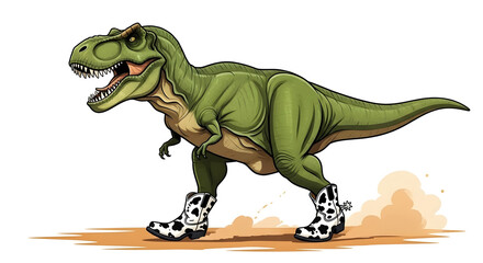 Fototapeta premium Cartoon T-Rex stomping with cowboy boots, a fun illustration for kids and western themes!