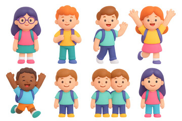 Diverse group of 3d cartoon children with backpacks