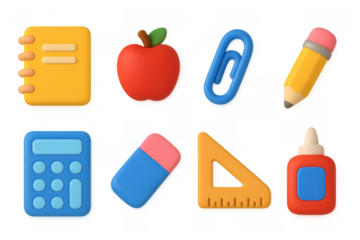 3d colorful school supplies set featuring notebook, apple, glue, and more