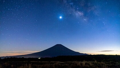 Majestic Mountain Under Starry Sky Illuminated by Bright Planet