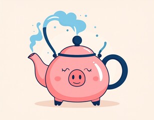 Fototapeta premium Pink pig teapot steams gently on a cream colored surface, creating a whimsical and cheerful atmosphere with its cute design and playful steam effect.