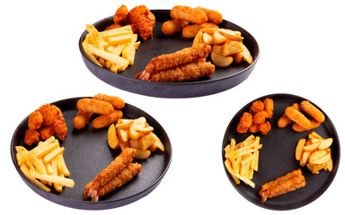 Beer snacks. Potatoes, cheese sticks, fried shrimp.  Transparent.