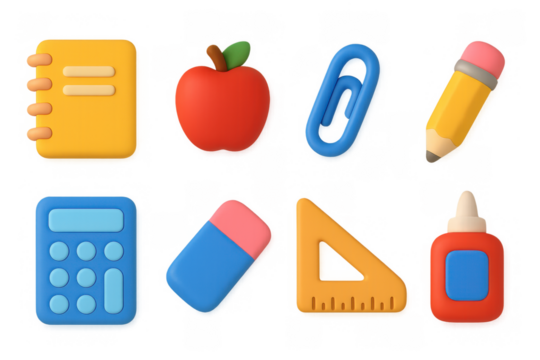 3d colorful school supplies set featuring notebook, apple, glue, and more - Powered by Adobe