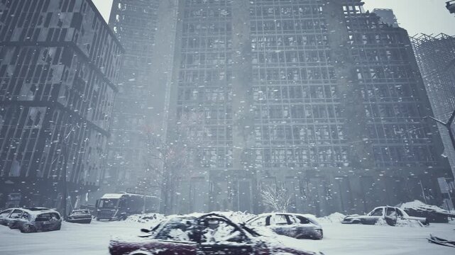 The aftermath of a nuclear winter in a large modern city devastated by a nuclear explosion. 3D animation.