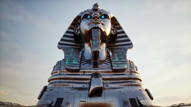 A majestic low-angle view of a futuristic chrome Sphinx, a cybernetic guardian with glowing blue eyes watching over a desert landscape