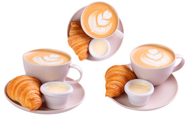 Cappuccino coffee, butter and croissant on a plate. Transparent.
