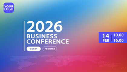 Global business conference banner template for a 2026 event. Website landing page design with a world map for international summits. Includes sign-in and register buttons for online registration.