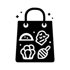 Shopping bag with food icon, black vector (Black Vector / Illustration Style)