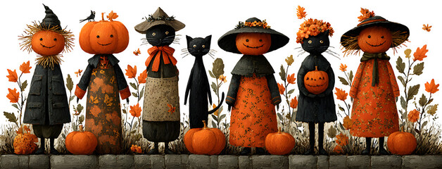 Pumpkin patch row with scarecrows, black cats, jack-o-lanterns, and autumn leaves, isolated on white