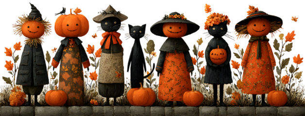 Pumpkin patch row with scarecrows, black cats, jack-o-lanterns, and autumn leaves, isolated on white