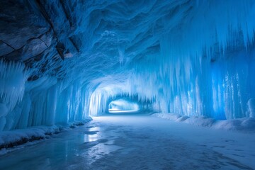 Crystal clear ice cave reflecting glowing blue light with frozen formations, winter wonderland, natural beauty and stunning glacial sculpture