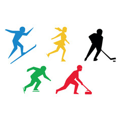 Colorful Winter Sports Silhouette Icons. Clean flat design with bold colors on a white background, ideal for event posters, infographics, web graphics, and sports-themed marketing materials.