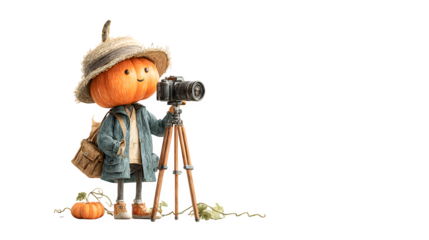 Pumpkin photographer with camera and tripod, isolated on white