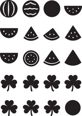 Vector set of 16 watermelon silhouettes and symbols, including slices, seeds, and clovers. Fresh fruit collection for summer, food, healthy lifestyle, logo, and decorative design use.