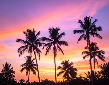 Silhouetted palm trees at sunset - Powered by Adobe