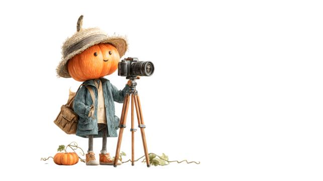 Pumpkin photographer with camera and tripod, isolated on white