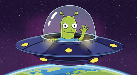 friendly alien waving from spaceship above earth