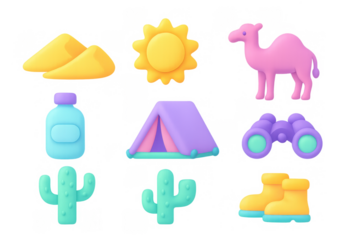 Colorful 3d desert icons: camel, cactus, tent, sun, and more for fun adventures