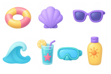 Colorful 3d summer icons: beach essentials and tropical getaway vibes