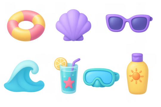 Colorful 3d summer icons: beach essentials and tropical getaway vibes