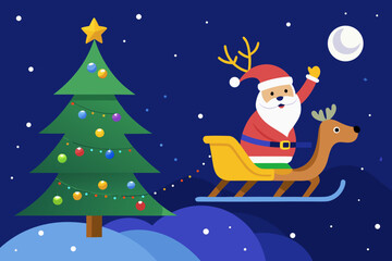 Fototapeta premium Cartoon Santa Claus riding reindeer sleigh with Christmas tree at night