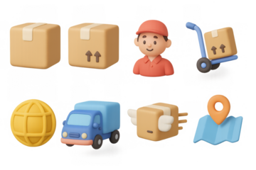 3d delivery icons: package, courier, truck, and map pin for e-commerce and shipping apps