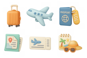 Travel icons: 3d style airplane, passport, luggage, and vacation elements