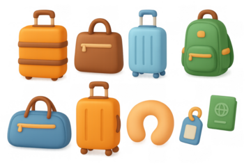 Colorful 3d travel icons set with luggage and accessories