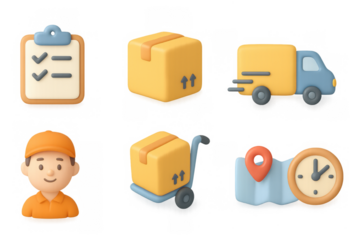 3d delivery icons: package, truck, courier, and checklist for logistics