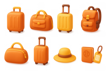 Colorful 3d travel gear collection featuring luggage, bag, backpack, hat, and passport