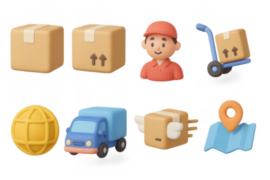 3d delivery icons: package, courier, truck, and map pin for e-commerce and shipping apps