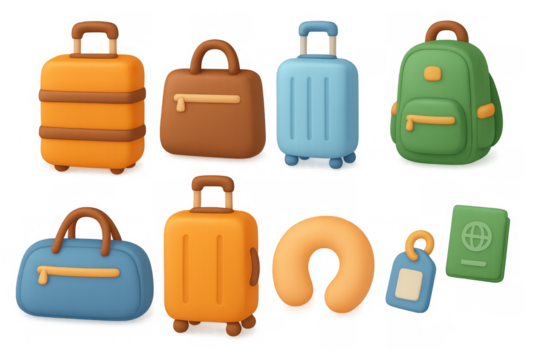 Colorful 3d travel icons set with luggage and accessories