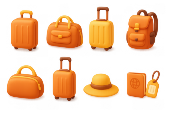 Colorful 3d travel gear collection featuring luggage, bag, backpack, hat, and passport