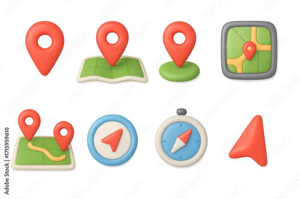 Poster 3d navigation icons set with maps and compass elements