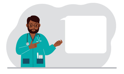 Man doctor holding a file with blank paper for text. Vector