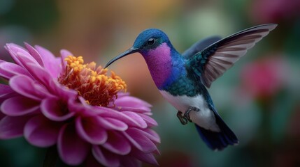 Fototapeta premium Violet Sabrewing Hummingbird feeds on a Dahlia blossom in a vibrant garden