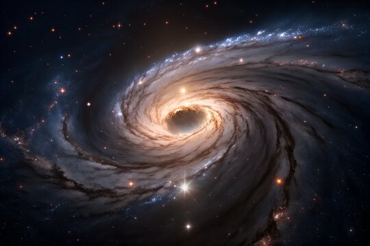 Massive black hole pulling glowing stars into spiral vortex with cosmic gravity force, galactic mystery and astrophysical celestial universe phenomenon