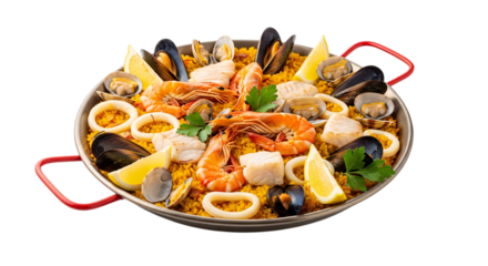 Seafood paella in a pan isolated on transparent background