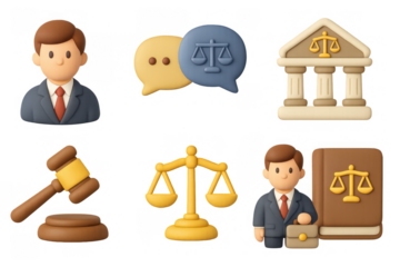 3d law and justice icons: lawyer, scales, gavel, courthouse, briefcase, speech bubbles