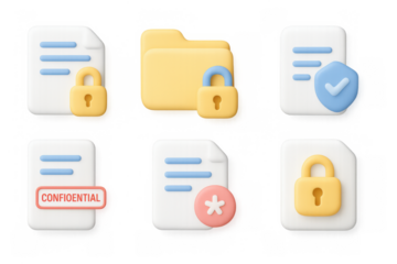 Secure document icons in 3d style with lock and checkmark symbols