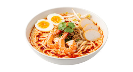 Bowl of laksa noodle soup with egg and shrimp isolated on transparent background