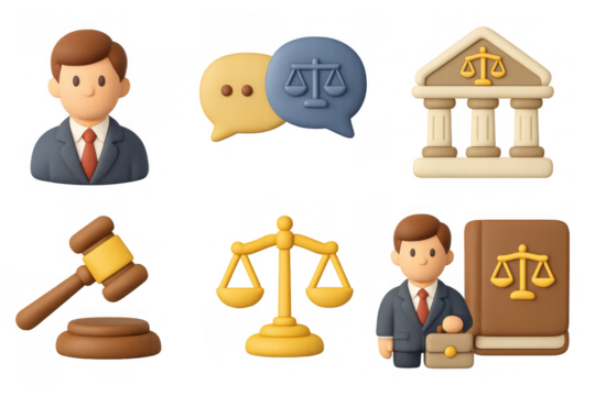 3d law and justice icons: lawyer, scales, gavel, courthouse, briefcase, speech bubbles