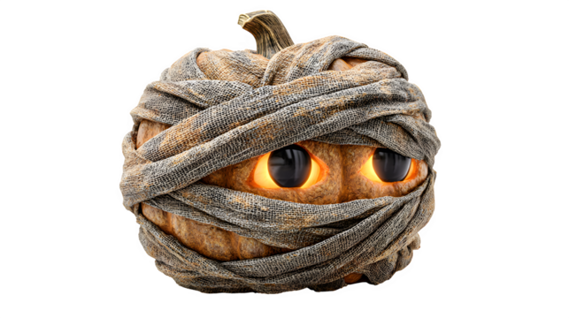 Pumpkin wrapped like a mummy in bandages, glowing eyes, isolated on white